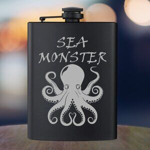 Personalized Sea Nautical Deep Sea Monter Octopus Black Flask